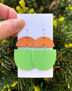 Wood and Acrylic Deco Drop Earrings - Lime