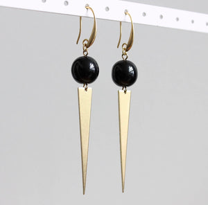 Geometric Black Glass and Brass Earrings