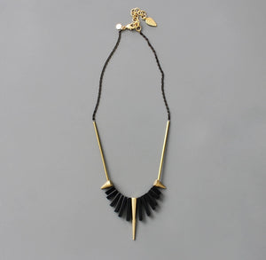 Geometric black agate and brass spike necklace